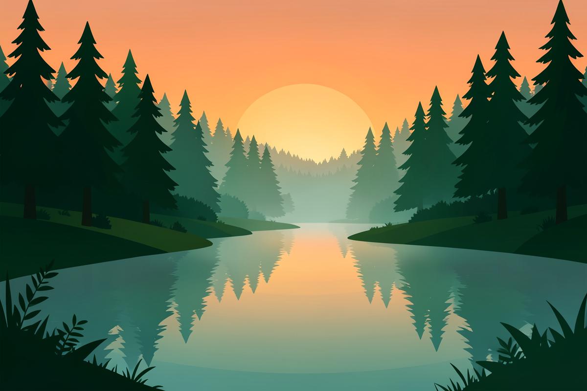 Misty river at sunrise framed by pine trees